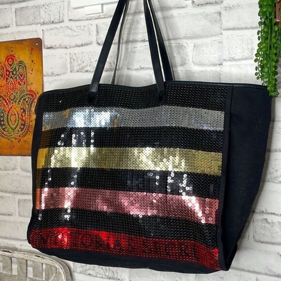 Victoria’s Secret Large Sequins Striped Tote Shoulder Bag - Picture 1 of 6